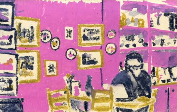 Drawing in shocking pink, indigo and golden green-yellow of a man at a table in a cafe